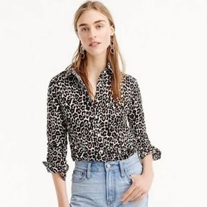J Crew Small Leopard Linen Button Up Down Long Sleeve Top Shirt Slim Black Cream